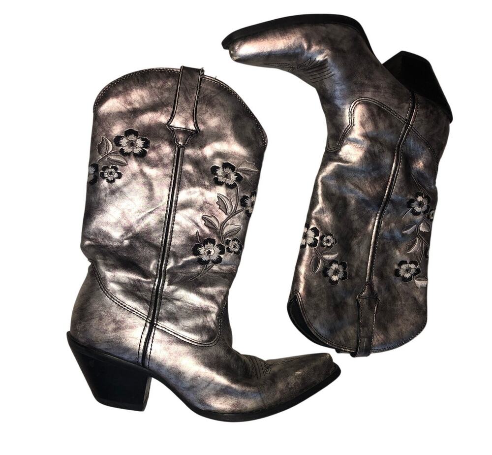 Durango Silver Western Boots Womens Size 9.5 Embroidered Vegan Cowgirl FLAW